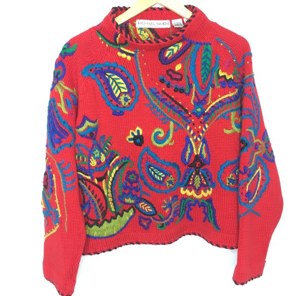 Michael Simon Sweaters - RARE VTG Michael Simon embroidered sweater red